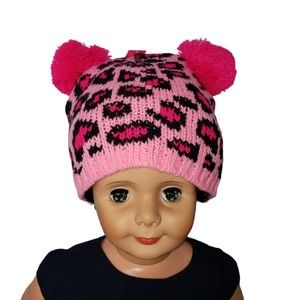 BETSEY JOHNSON KIDS  Pink Leopard Winter Hat with Pom Poms